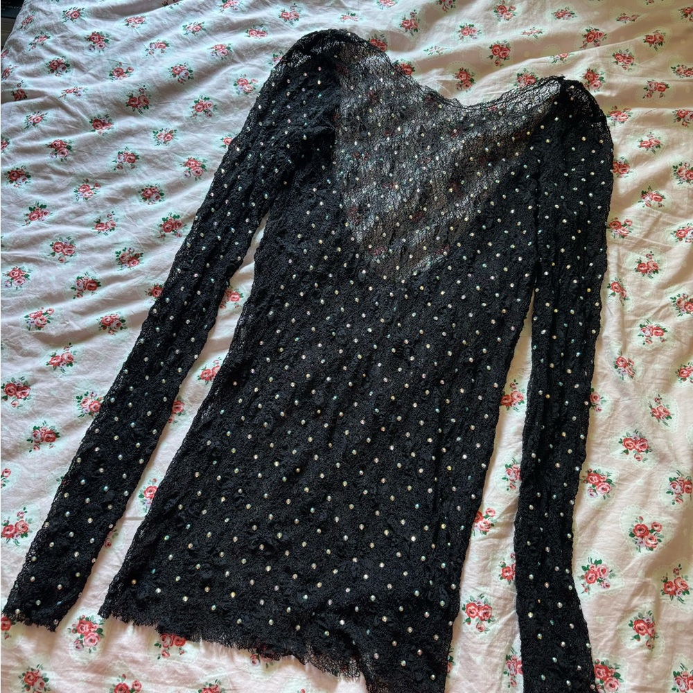 Black Sheer Polka Dot Sparkle Long Sleeve Top